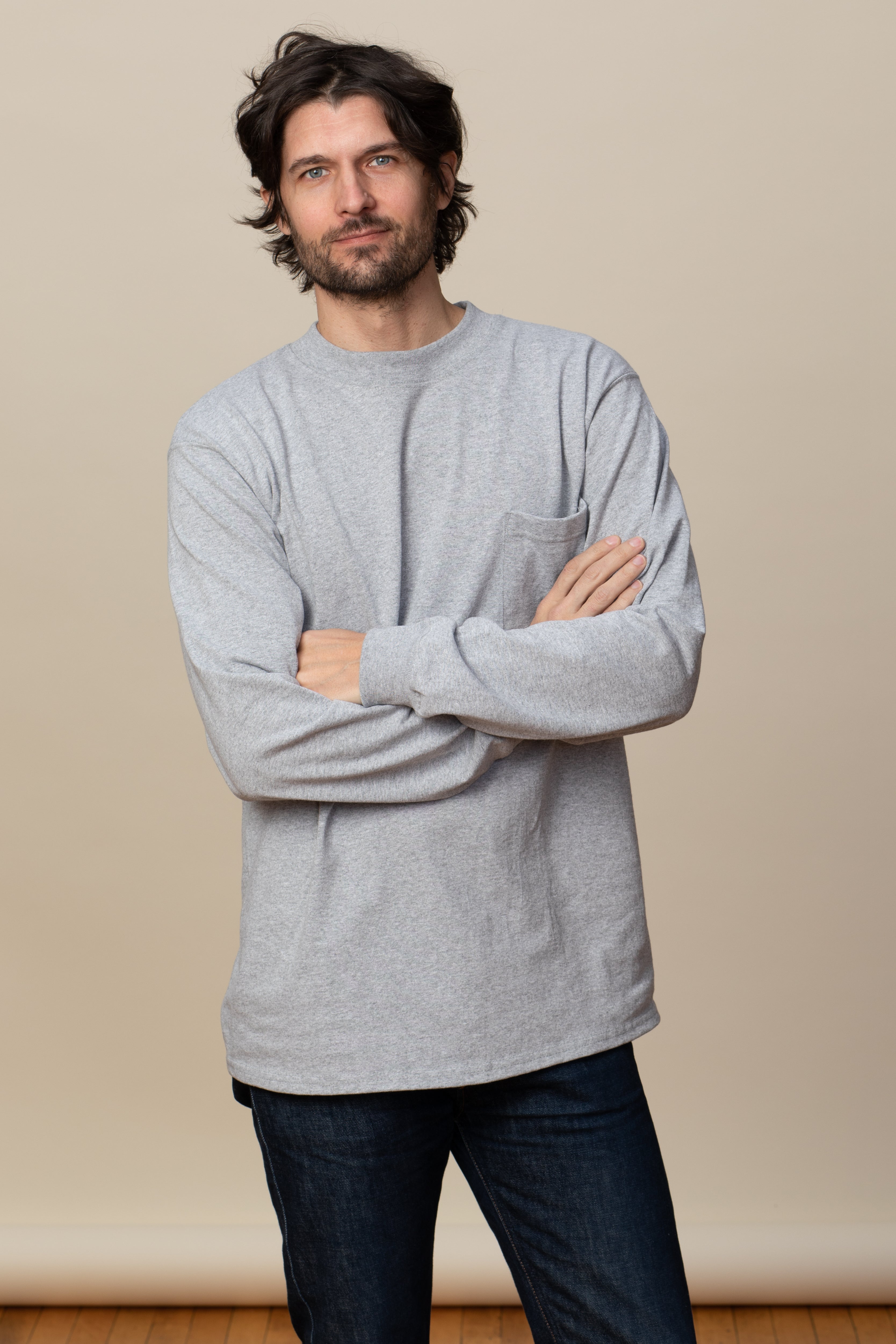 Real Essentials 3 Pack: Men's Cotton Performance Long Sleeve Crew Neck Pocket T-Shirt Athletic Top (Available In Big & Tall)- Set 4, S